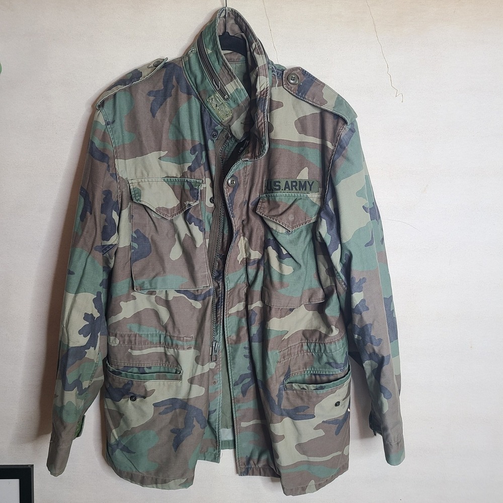 US Army Field Jacket Cold Weather Coat Camouflage Woodland Medium Long *Flaw